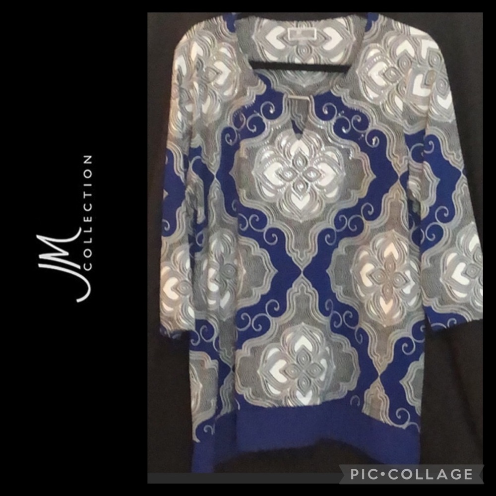 JM Collection Blue Gray White Geometric Print Tunic Top